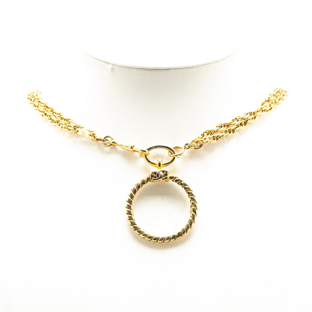 Chanel Gold Plated Double Chain Loupe Magnifying Glass Pendant Necklace - 4