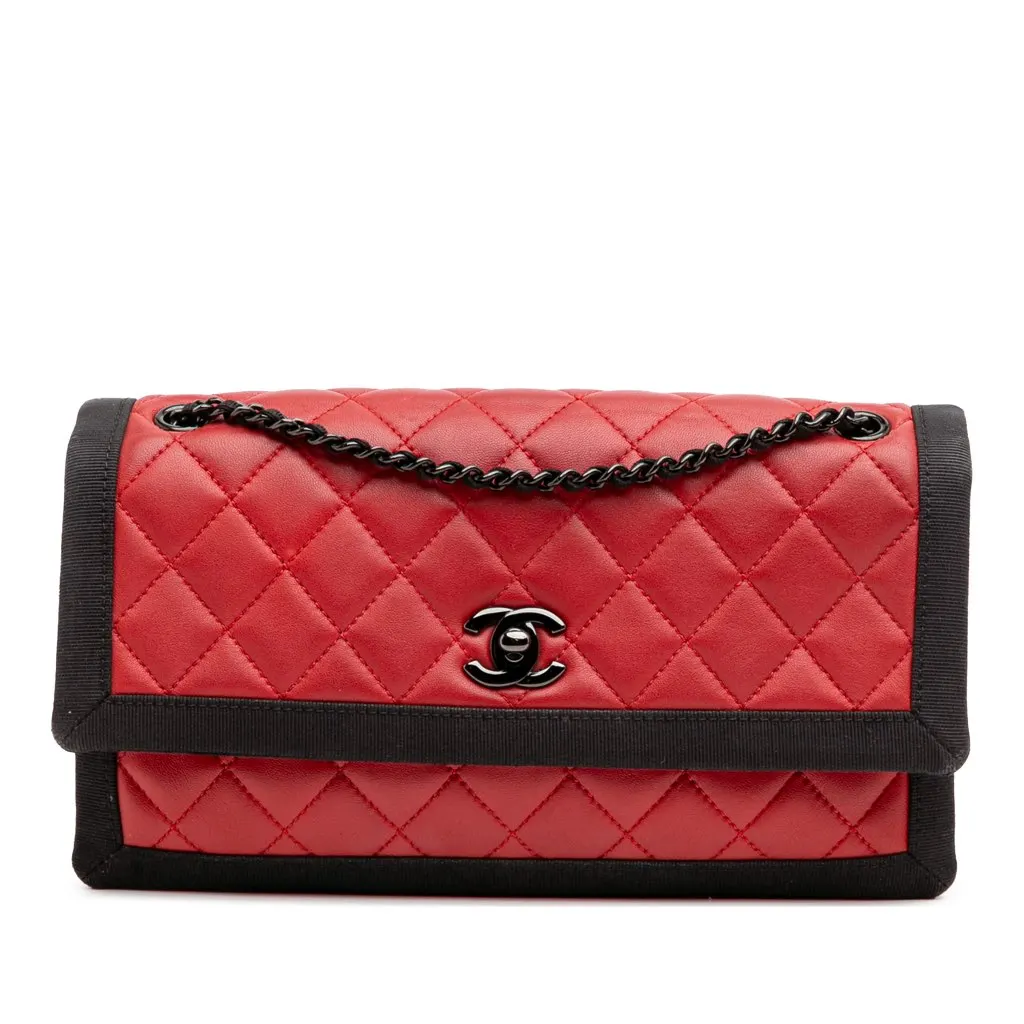 Chanel Medium Quilted Lambskin Grosgrain Two Tone Flap Red Leather Good - Front View