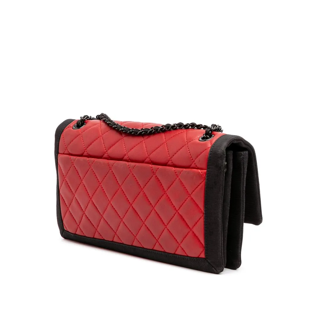 Chanel Medium Quilted Lambskin Grosgrain Two Tone Flap Red Leather Good - Back View