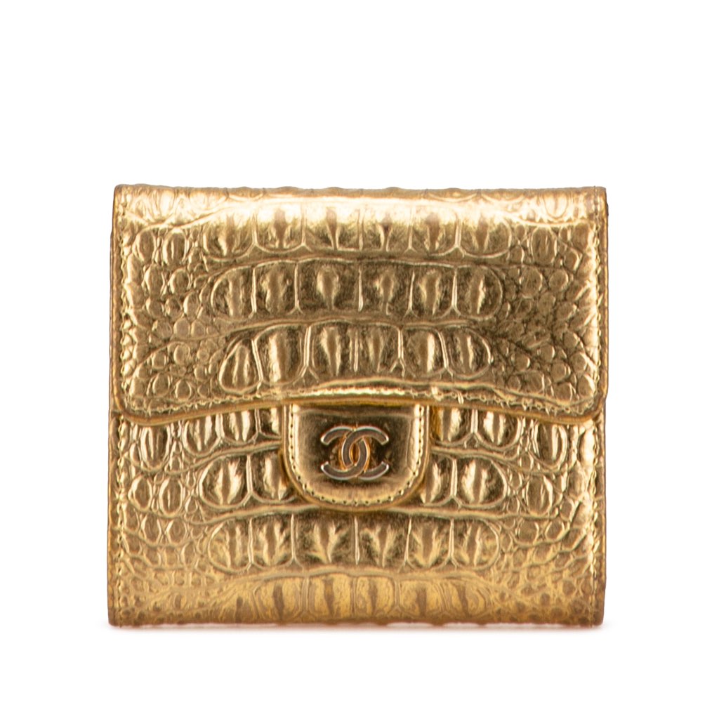Chanel CC Metallic Calfskin Crocodile Embossed Compact Flap Wallet