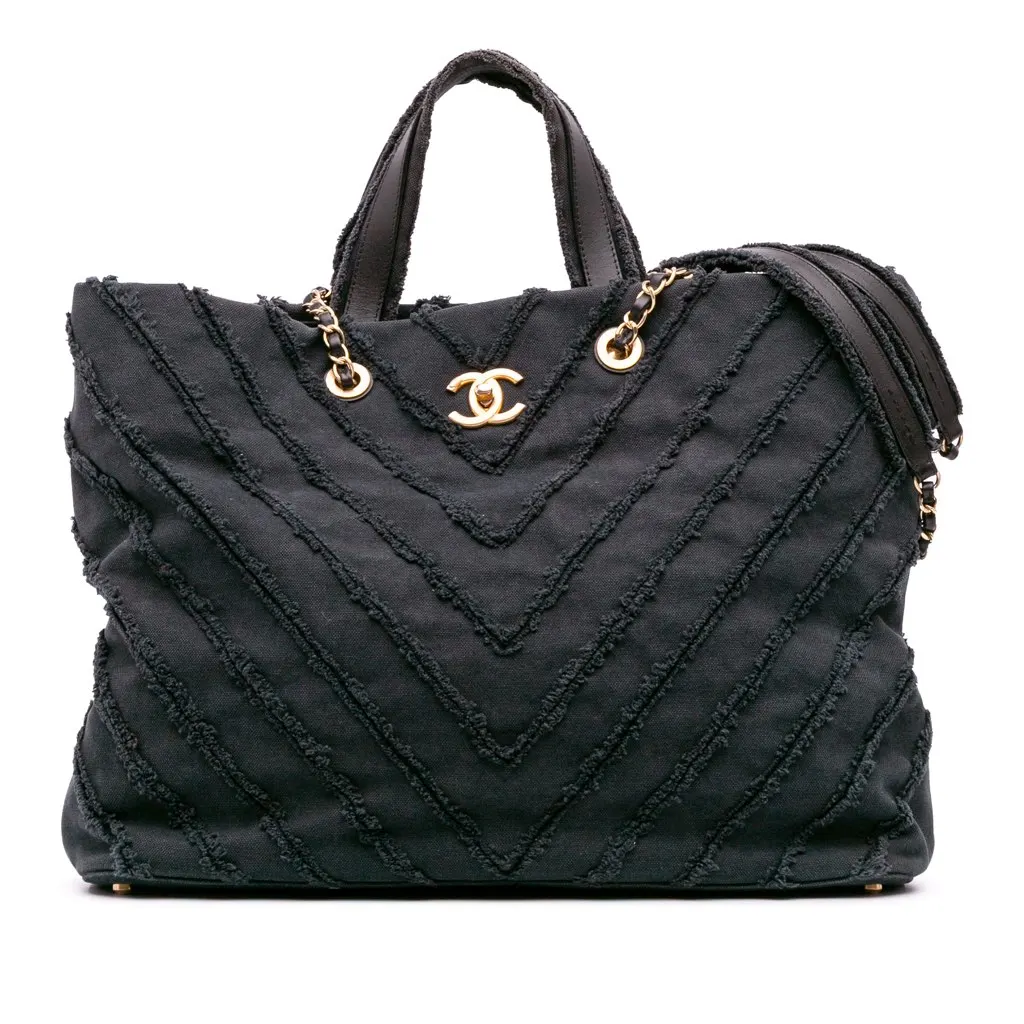 Chanel Chevron Canvas Cuba Patchwork Shopper Tote Blue Canvas Good - Front View