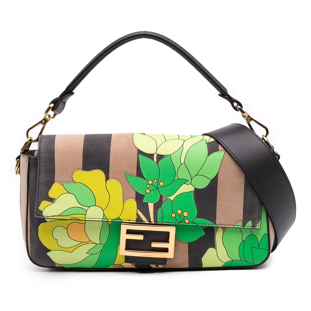 Fendi Pequin Nubuck Floral Baguette Satchel