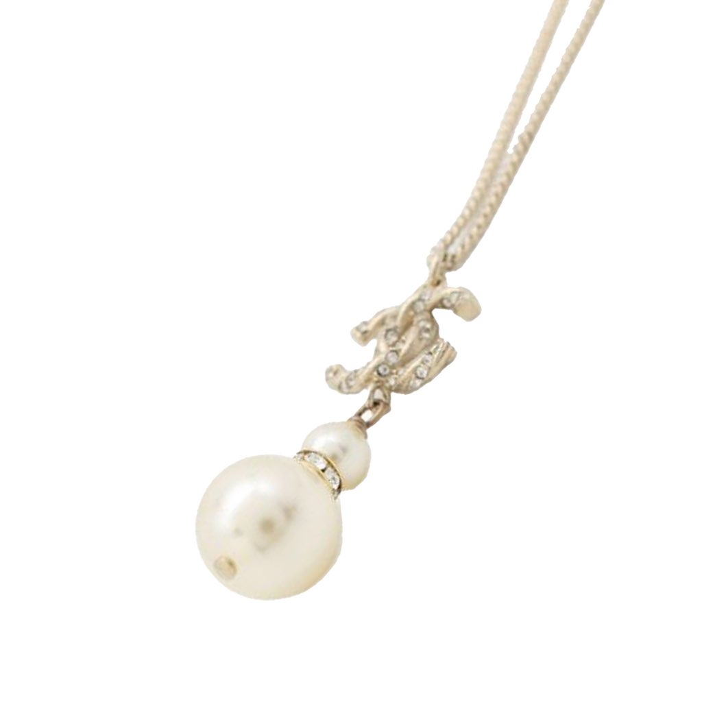 Chanel CC Gold Plated Faux Pearl Rhinestones Pendant Necklace - 2