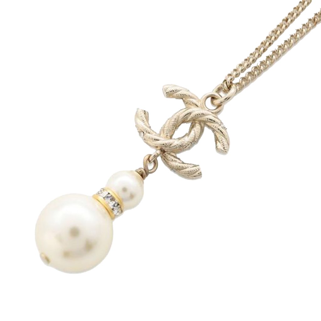 Chanel CC Gold Plated Faux Pearl Rhinestones Pendant Necklace - 3