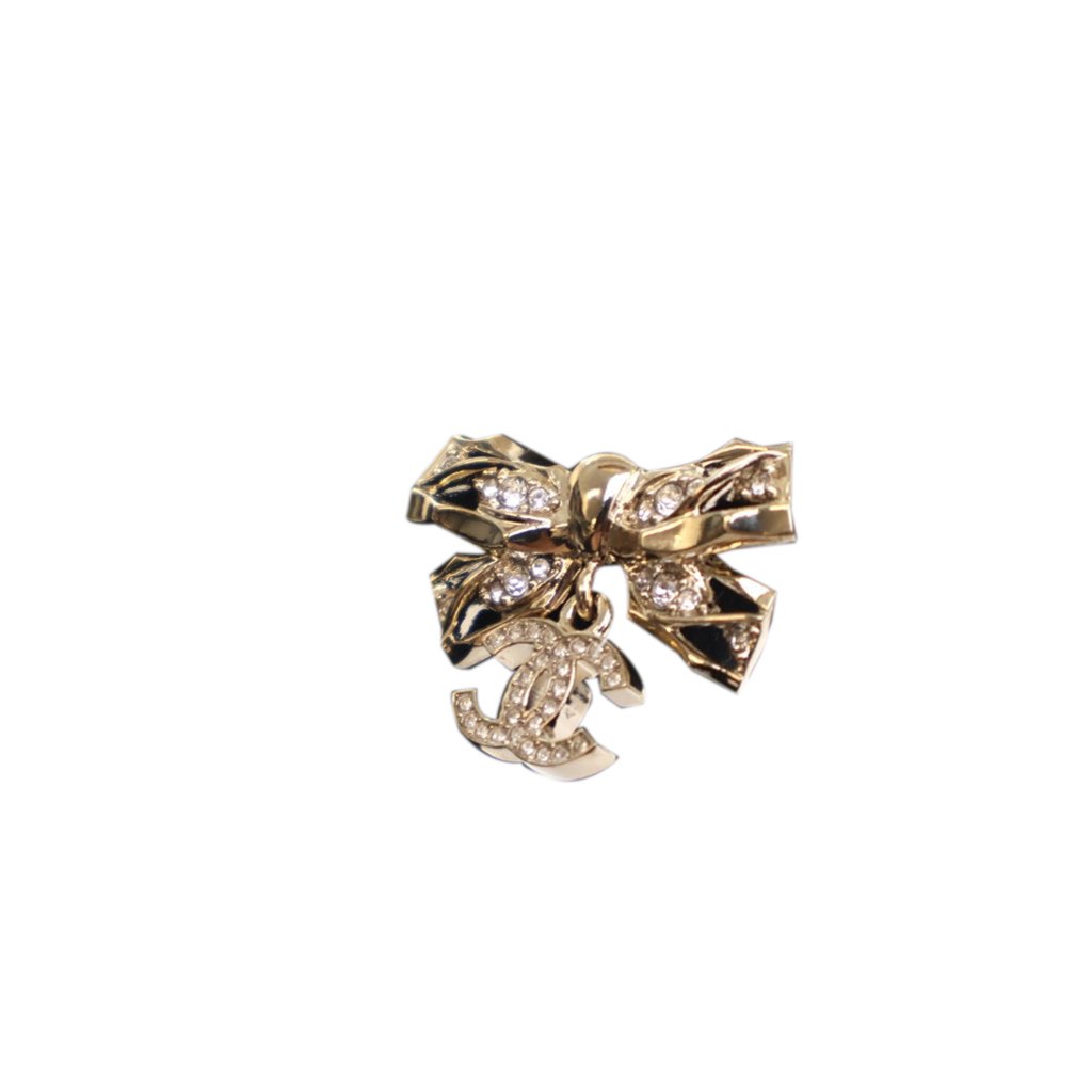 Chanel Gold Plated Crystal CC Bow Brooch - 2