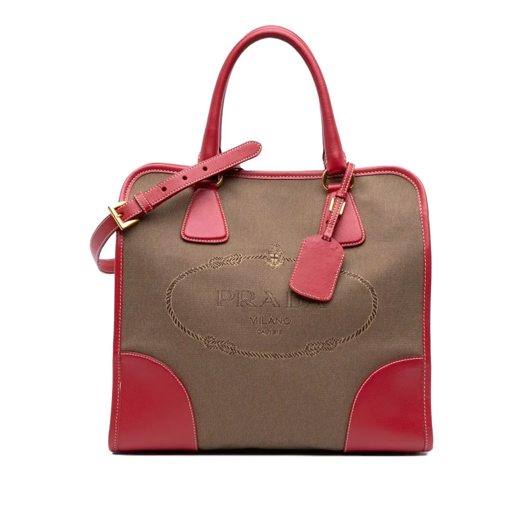 Prada Saffiano Trimmed Canvas Canapa Logo Satchel Brown Canvas Good - Front View