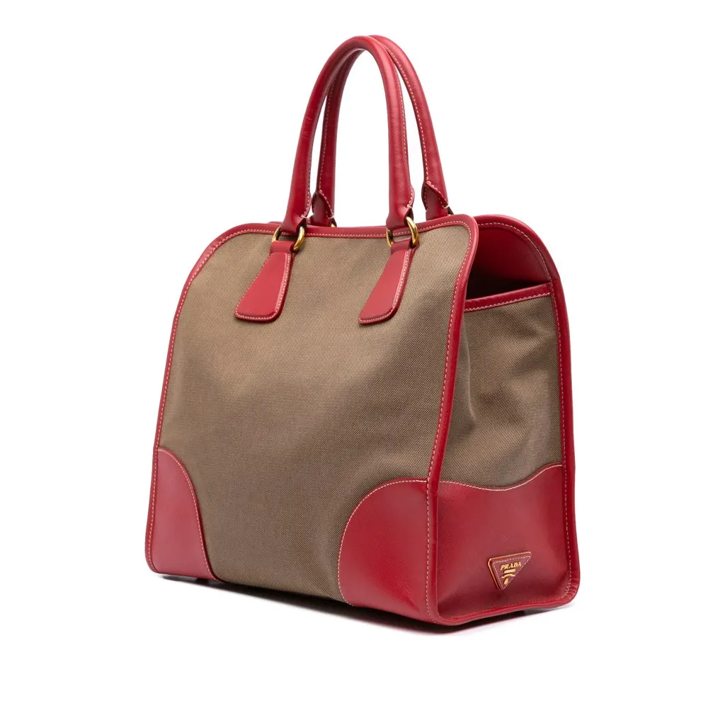 Prada Saffiano Trimmed Canvas Canapa Logo Satchel Brown Canvas Good - Back View