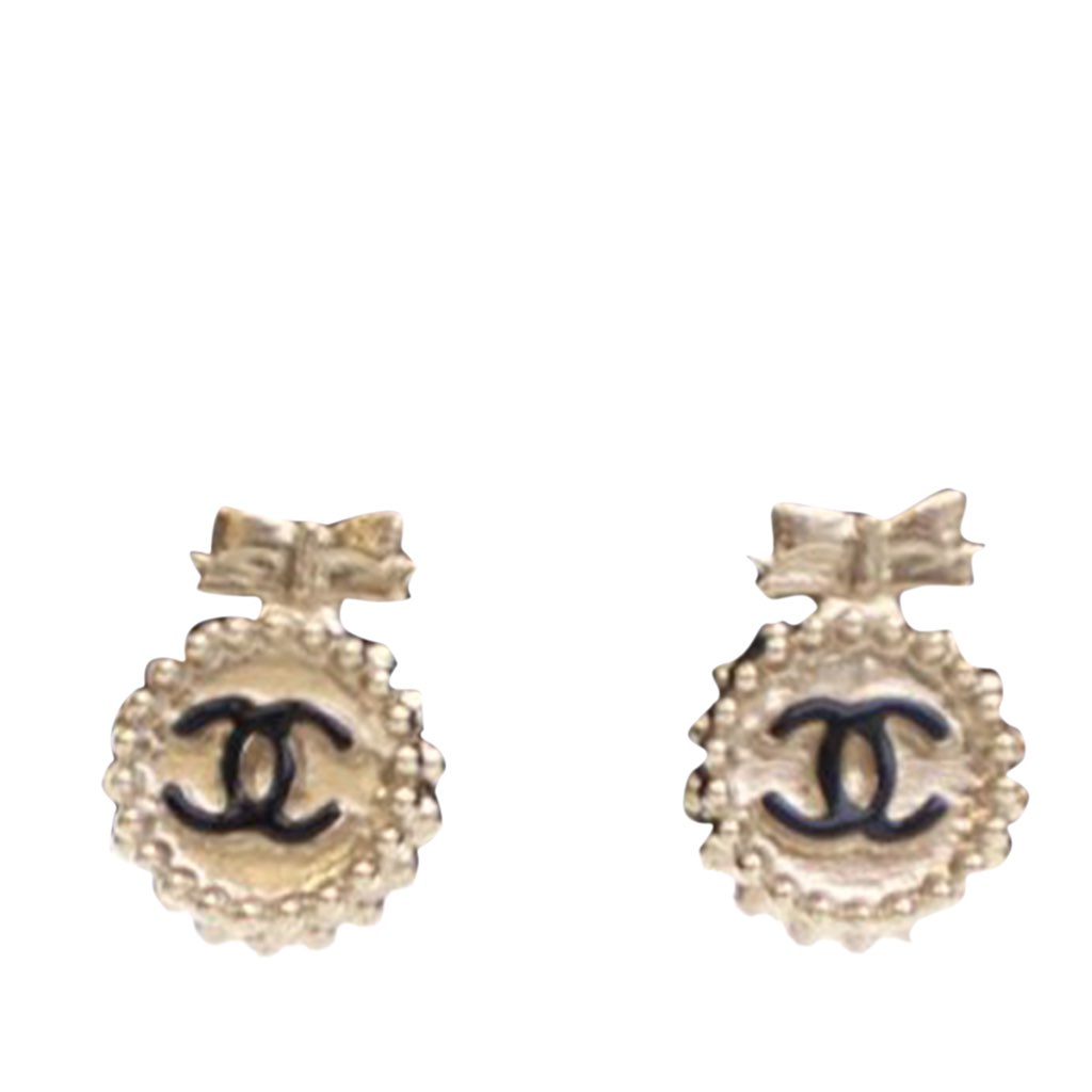 Chanel Gold Plated CC Bow Push Back Earrings