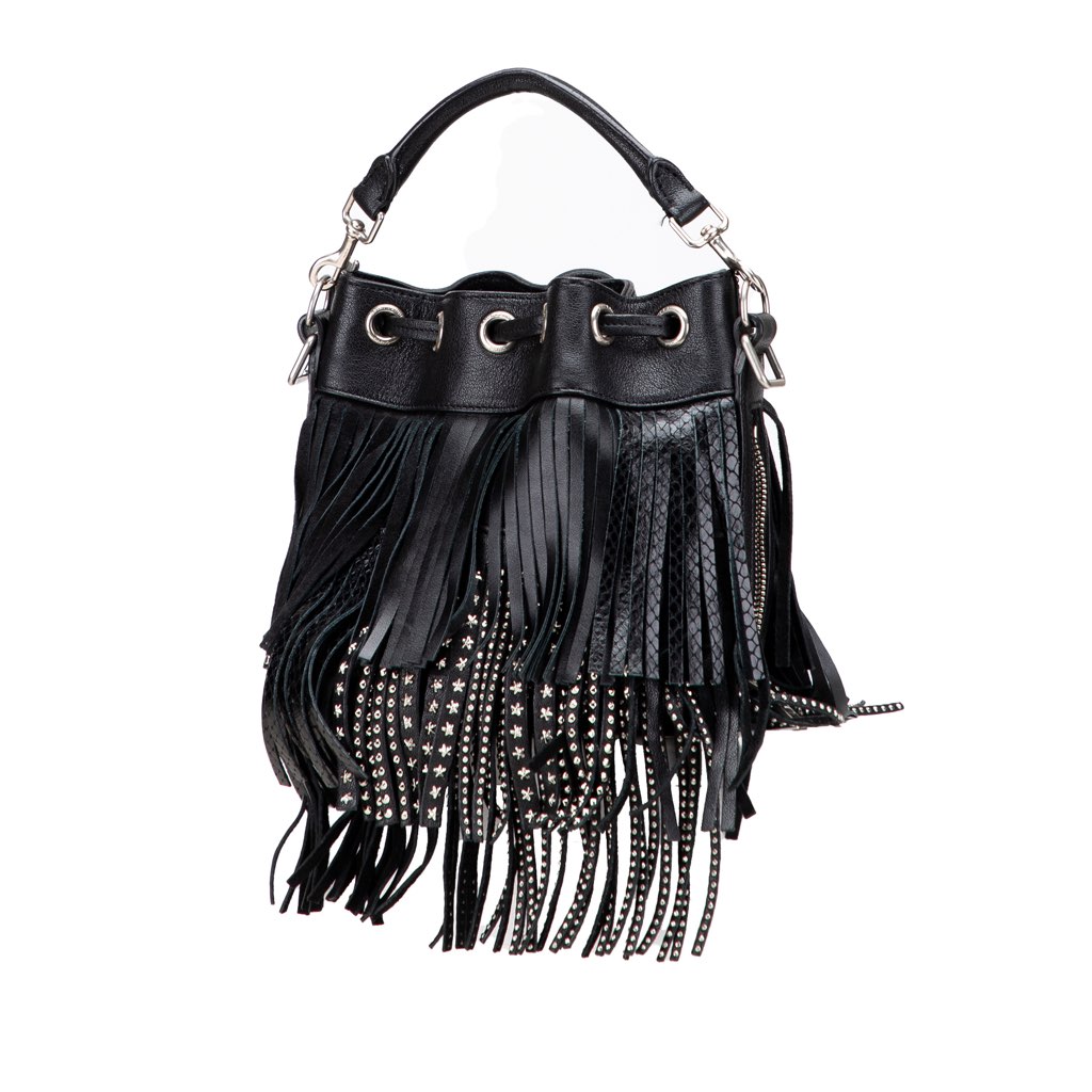 Saint Laurent Small Studded Calfskin Emmanuelle Fringe Bucket Bag - Back view