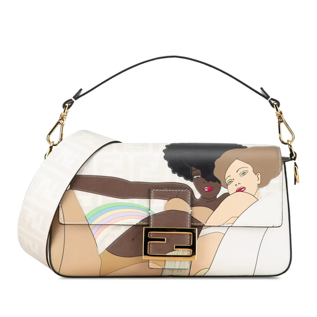 Fendi Zucca Graphic Print Coated Canvas Bikini Girls Baguette Satchel White Canvas Very good - Front View