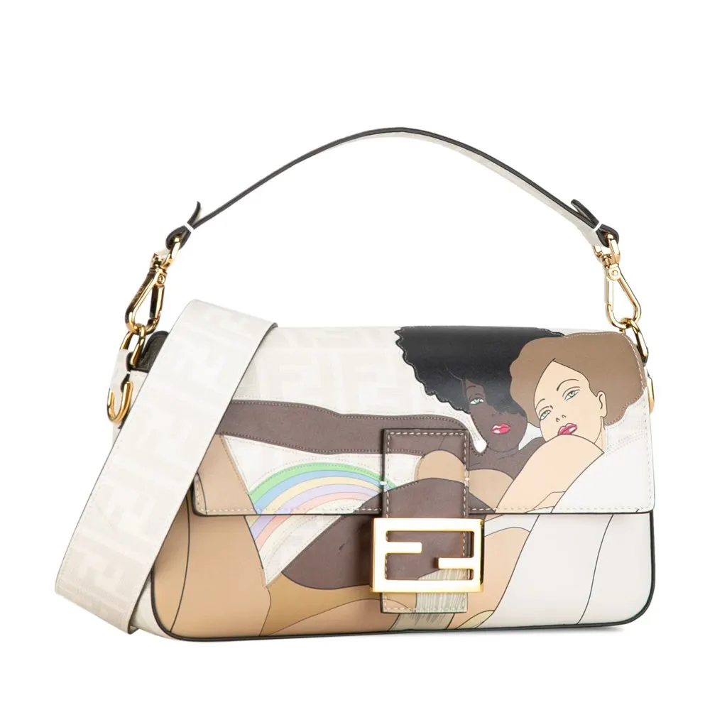 Fendi Zucca Graphic Print Coated Canvas Bikini Girls Baguette Satchel White Canvas Very good - Back View