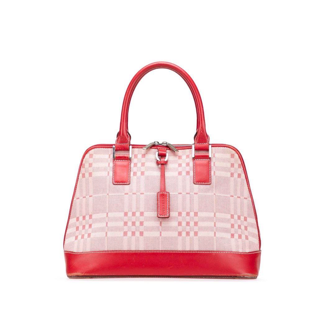 Burberry Leather Trimmed Tonal Check Canvas Dome Handbag