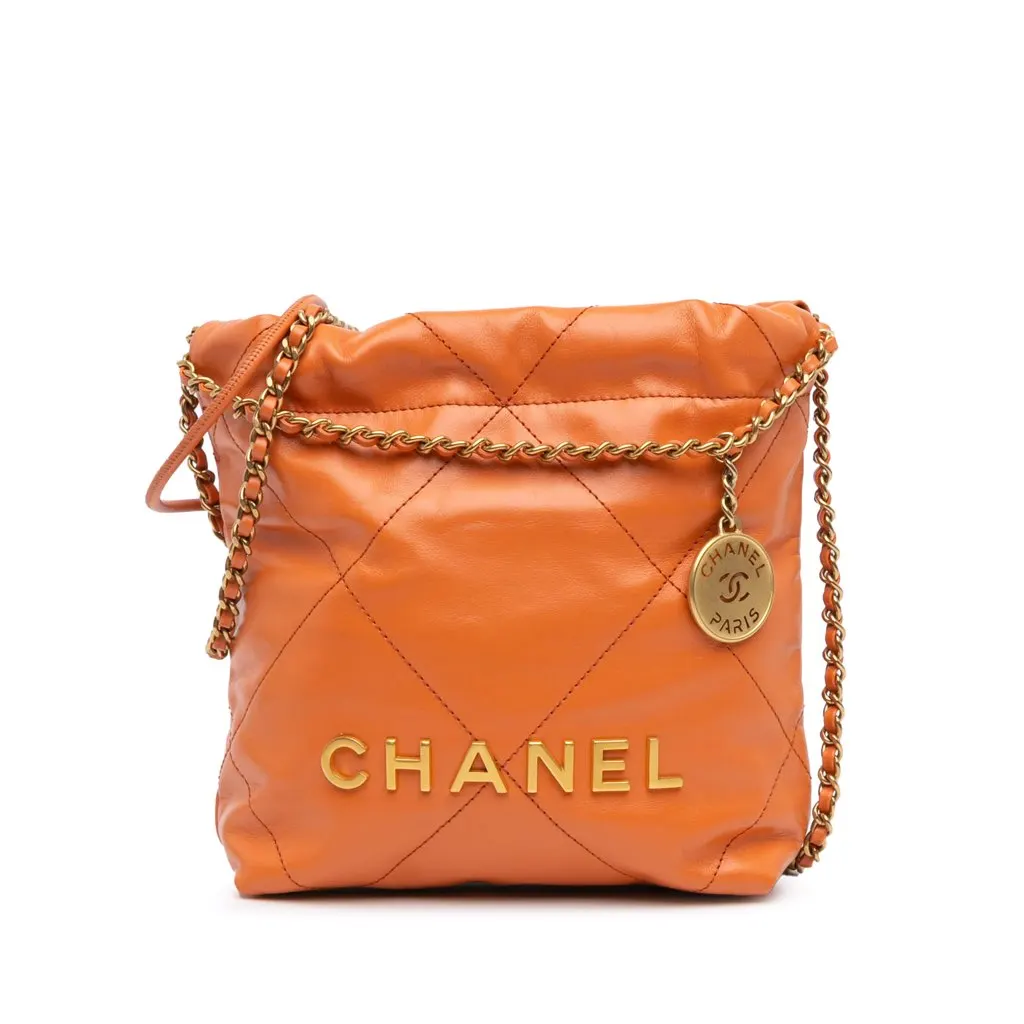 Chanel Mini Shiny Calfskin 22 Handbag Orange Leather Good - Front View