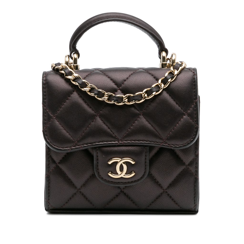 Chanel CC Quilted Iridescent Lambskin Top Handle Flap Clutch With Chain