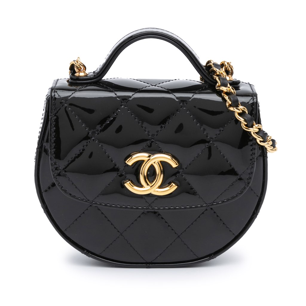 Chanel Mini CC Quilted Patent Leather Top Handle Clutch with Chain