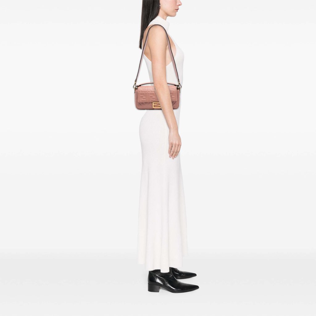 Fendi Medium Leather Embossed FF Baguette Satchel - Image 12