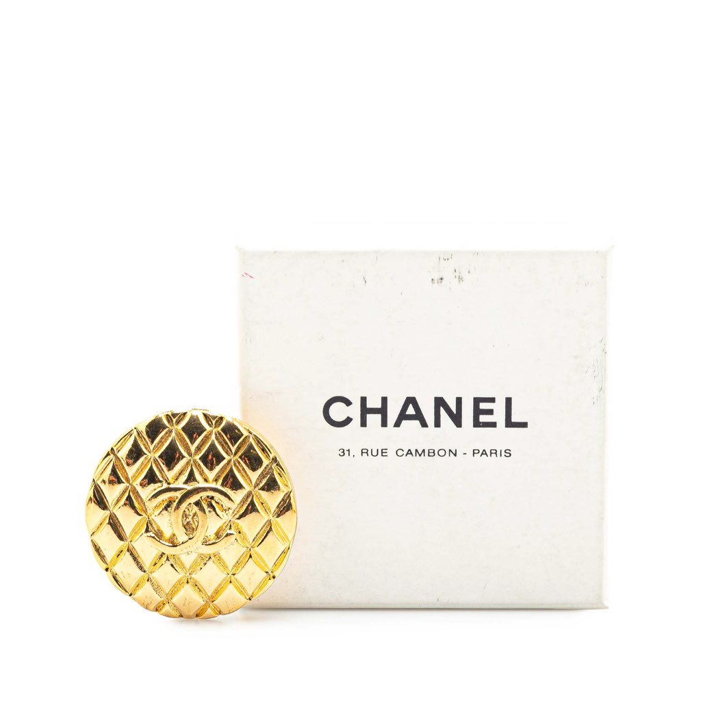 Chanel Gold Plated CC Quilted Round Brooch - Side view