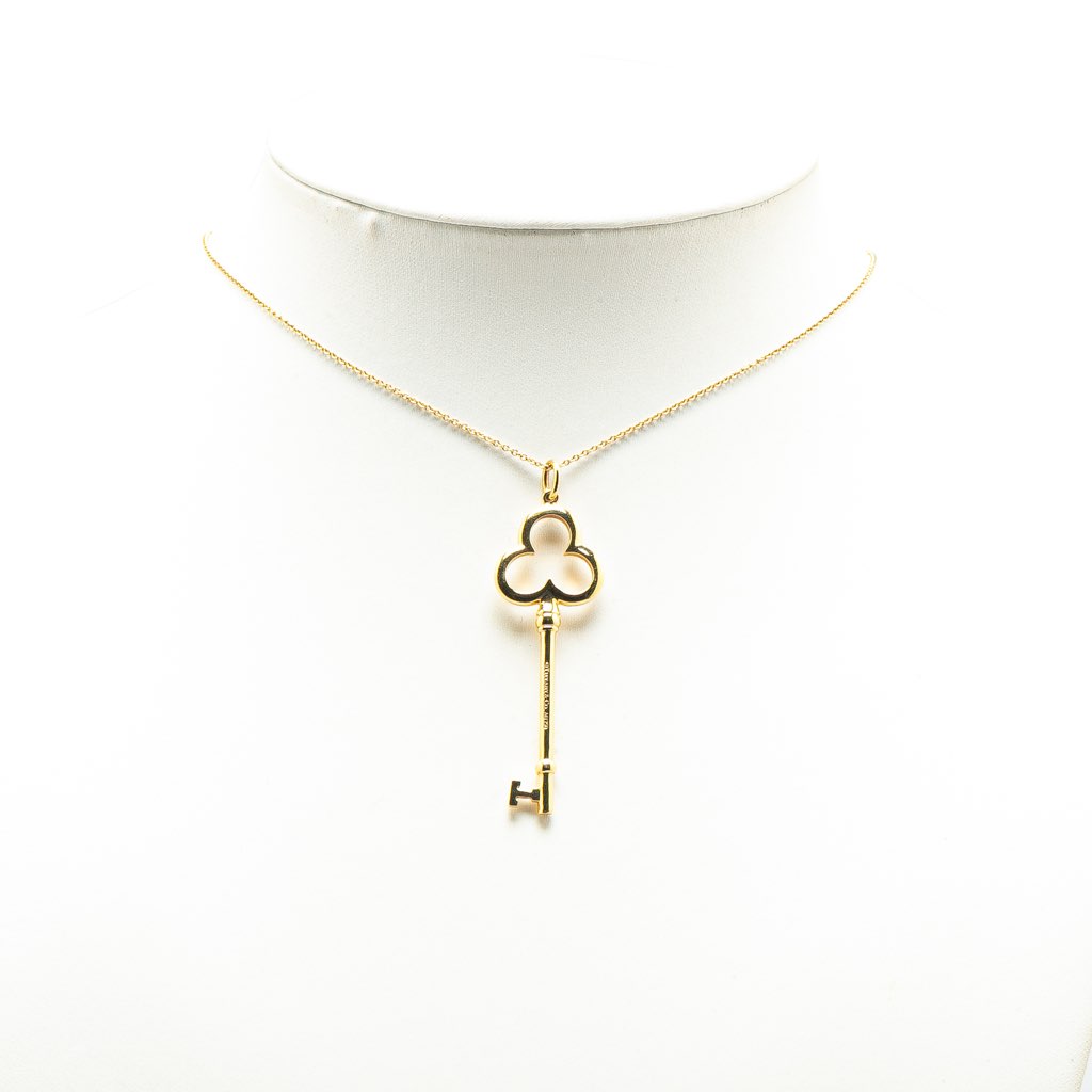 Tiffany & Co 18K Yellow Gold Trefoil Open Key Pendant Necklace - 5