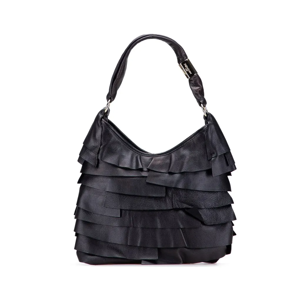 Saint Laurent Small Ruffled Leather Saint Tropez Hobo Black Leather Good - Front View