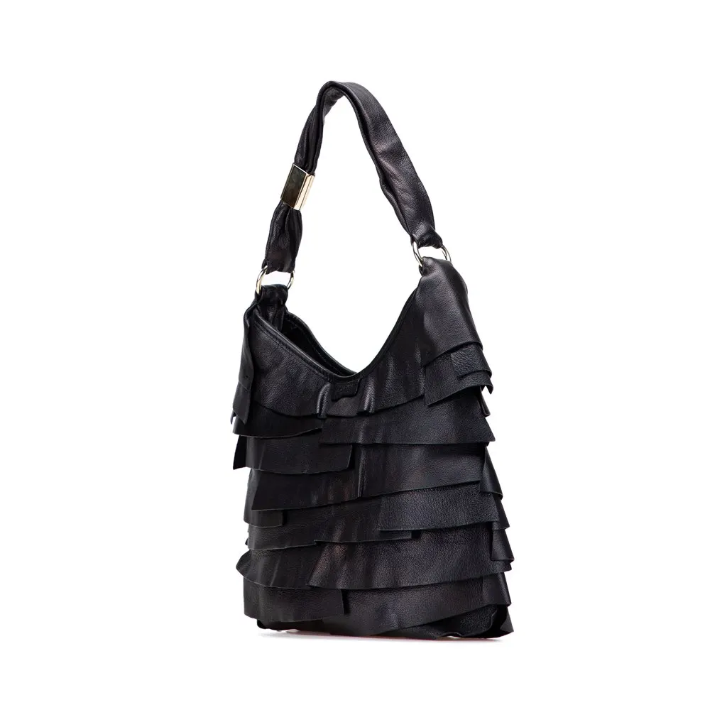 Saint Laurent Small Ruffled Leather Saint Tropez Hobo Black Leather Good - Back View