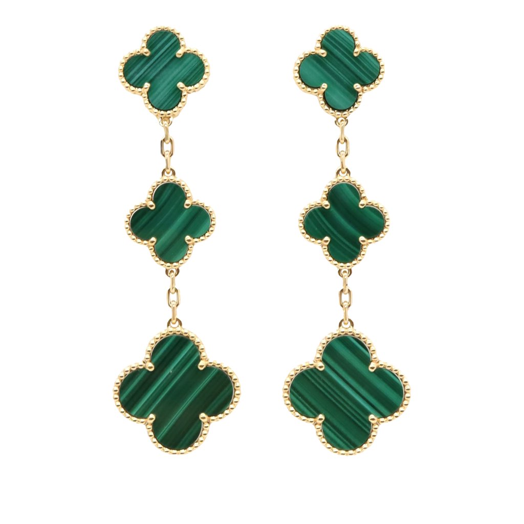 Van Cleef & Arpels 18K Yellow Gold and Malachite Magic Alhambra 3 Motif Earrings