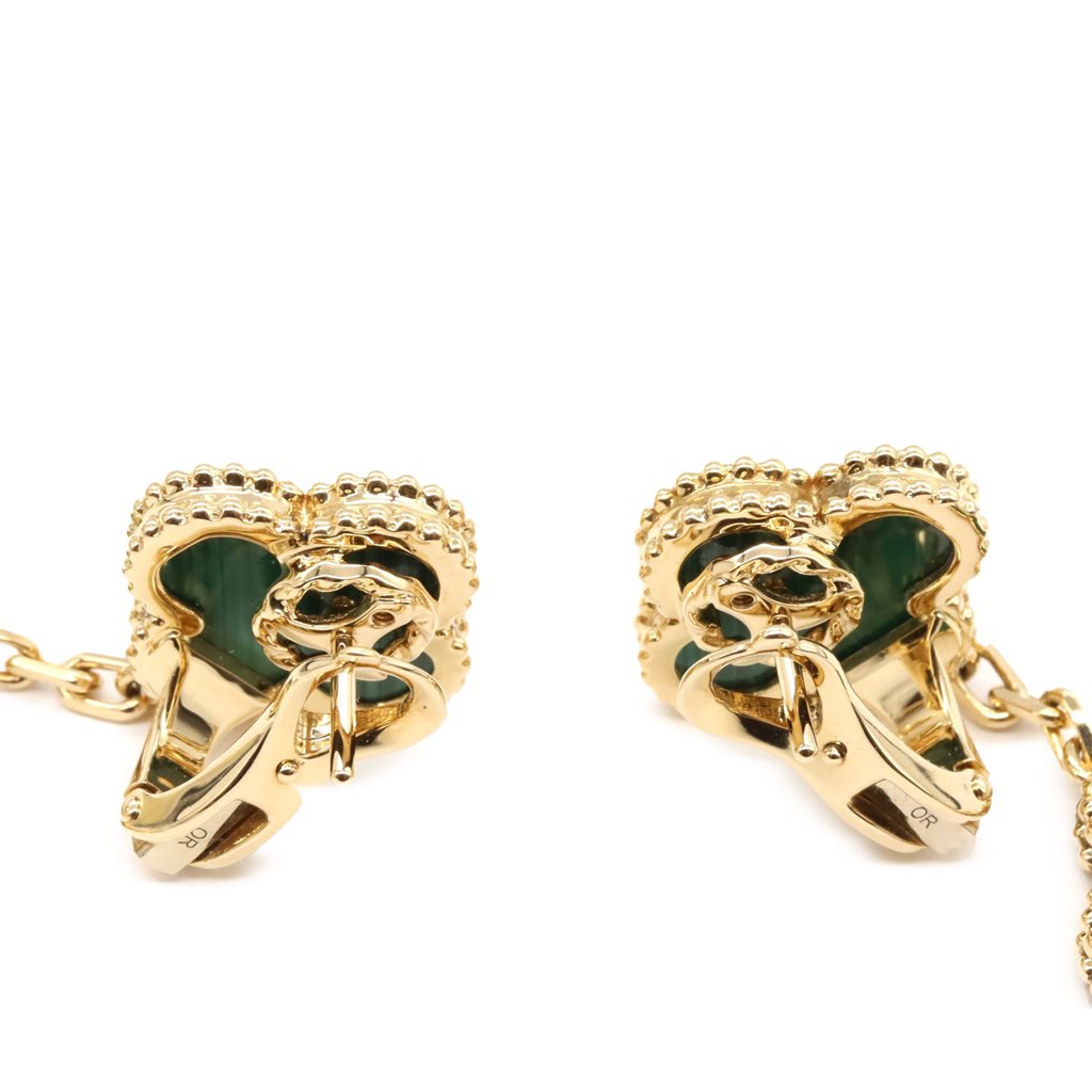 Van Cleef & Arpels 18K Yellow Gold and Malachite Magic Alhambra 3 Motif Earrings - 2