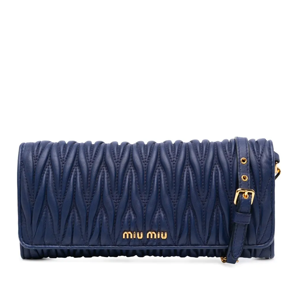 Miu Miu Matelasse Lambskin Wallet On Chain Blue Leather Good - Front View