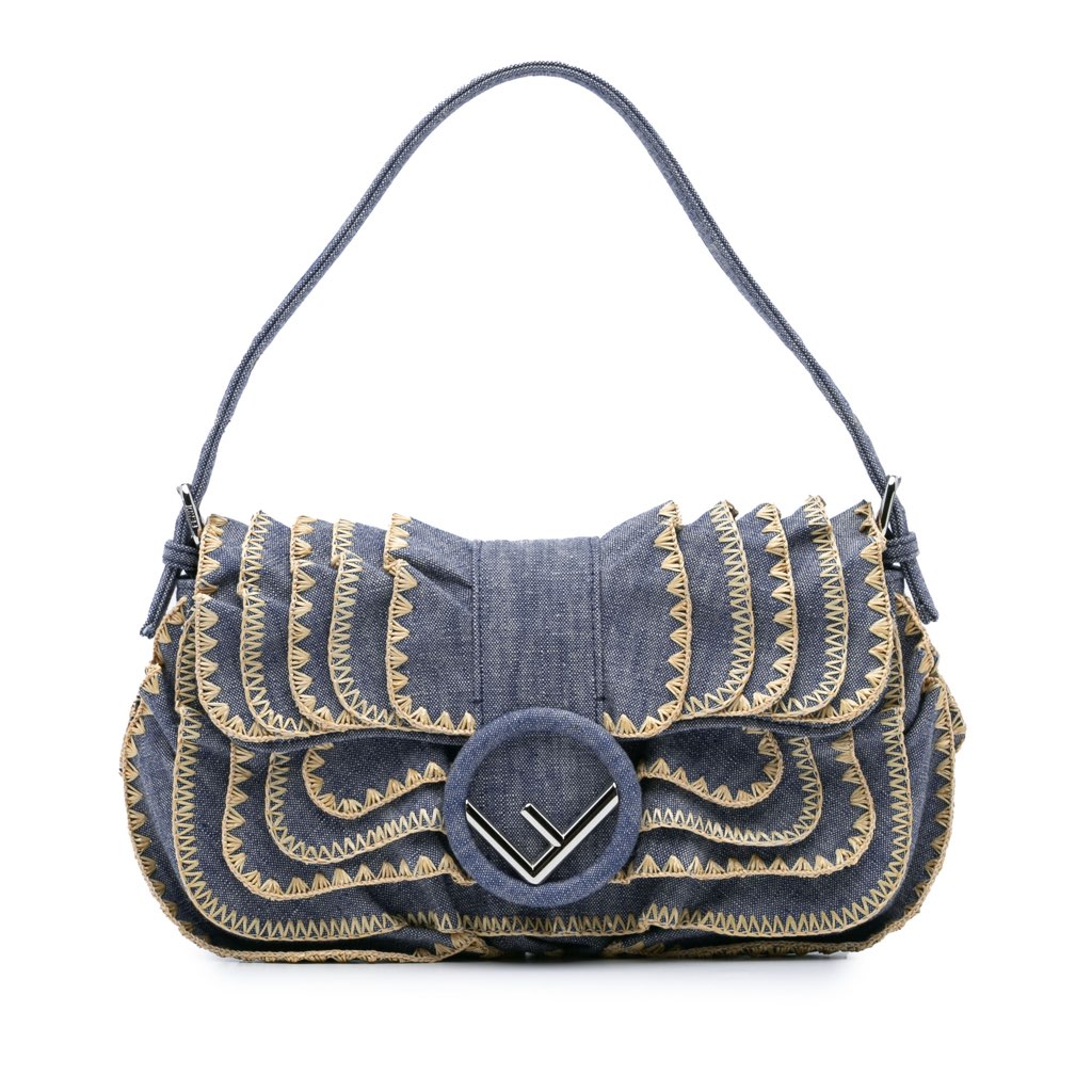 Fendi Embroidered Denim Ruffled F is Fendi Kan I Baguette