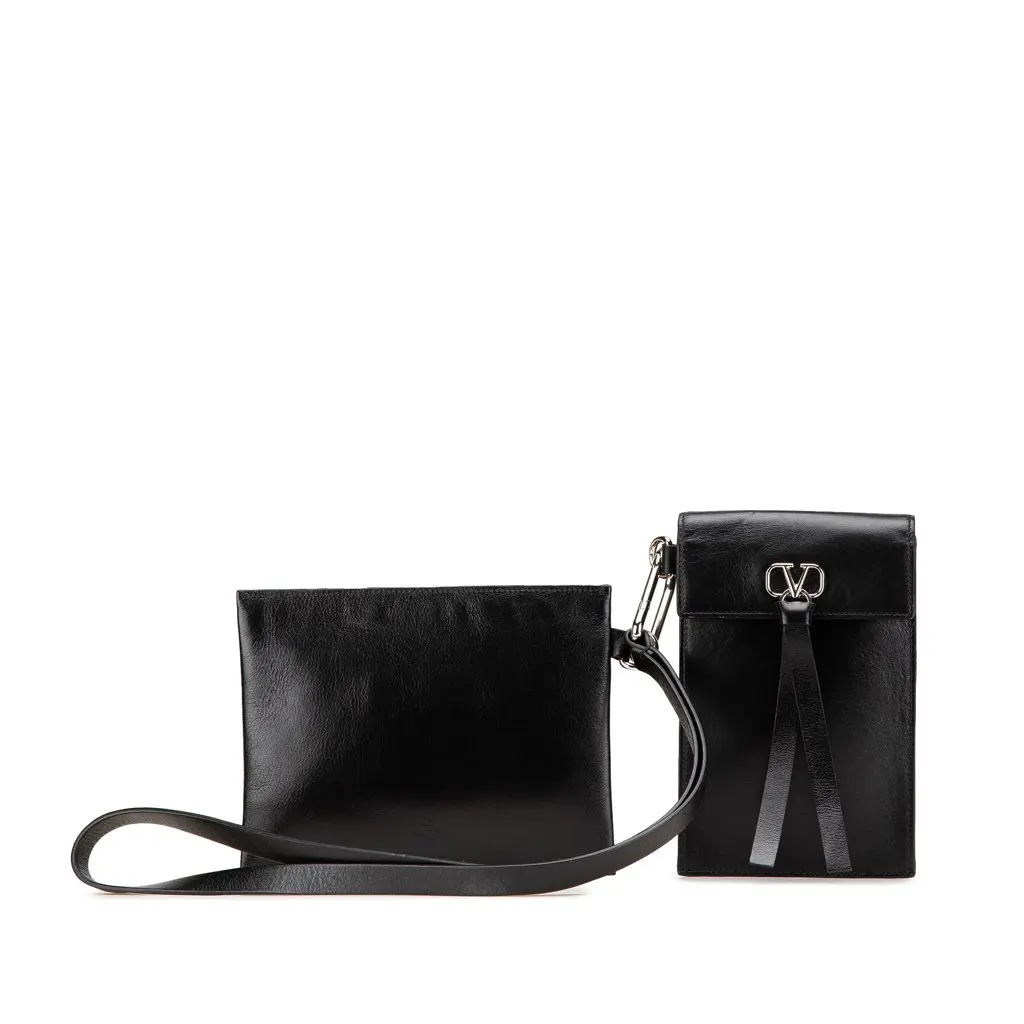 Valentino Leather VRing Neck Pouch Black Leather Good - Front View