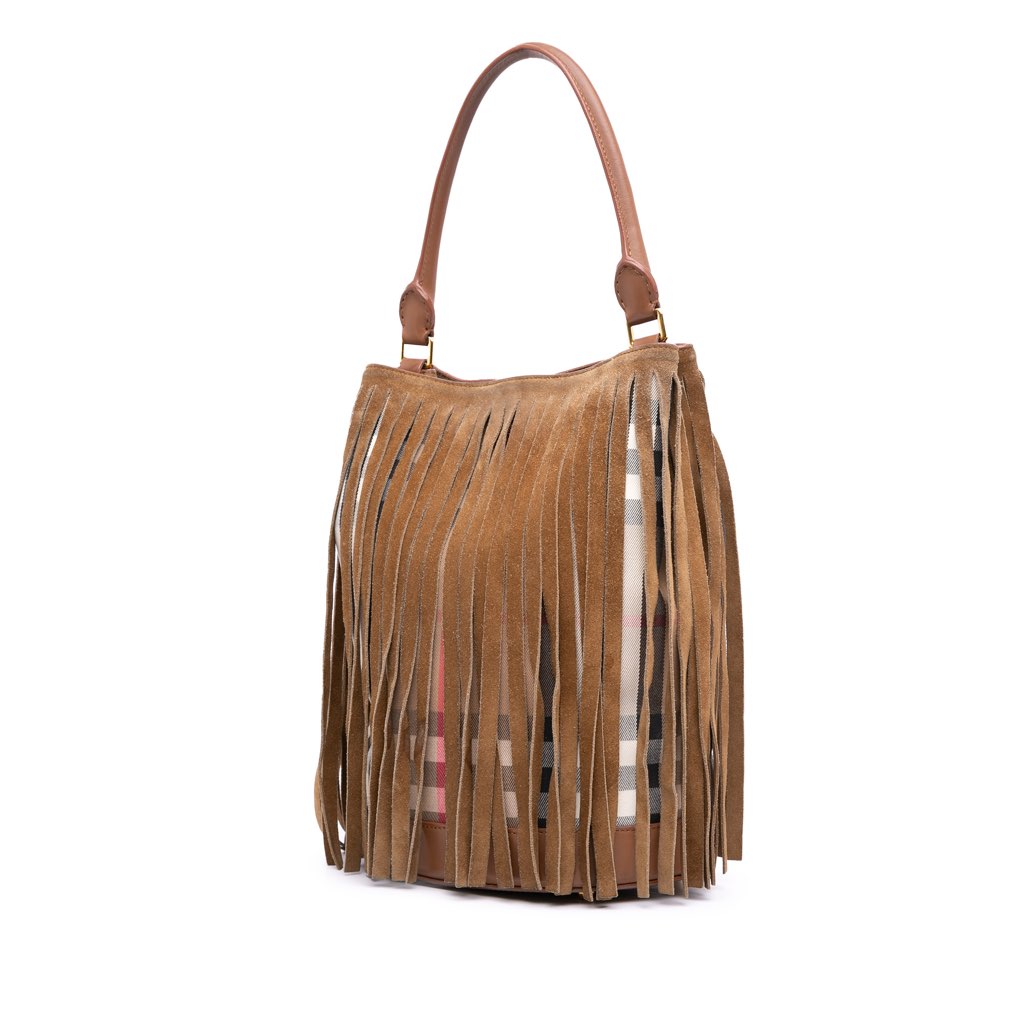 Burberry House Check Canvas and Suede Fringe Bucket Bag - 2