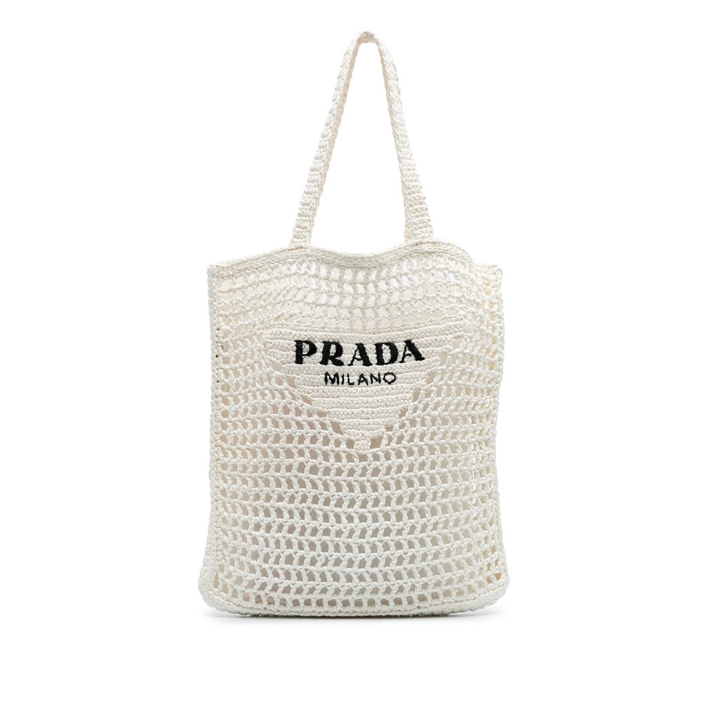 Prada Raffia Effect Crochet Logo Embroidered Tote