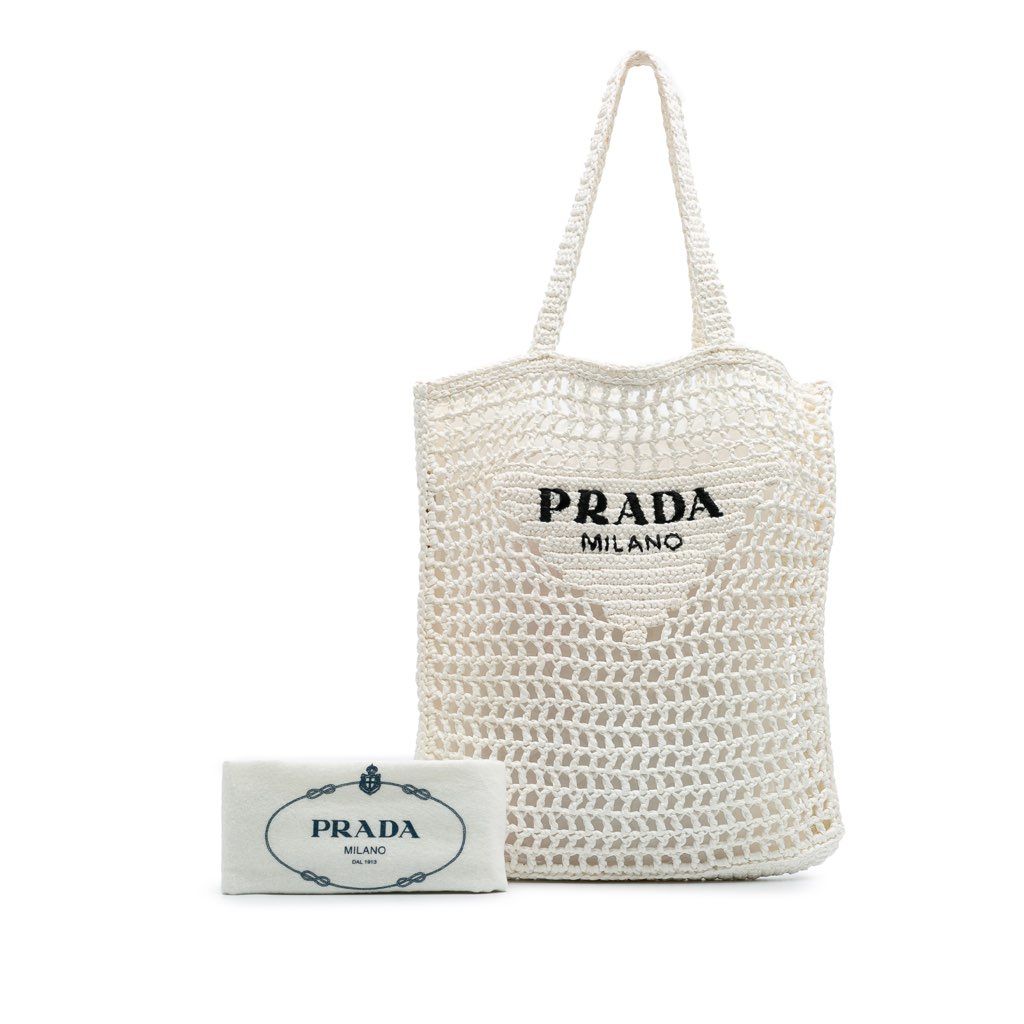 Prada Raffia Effect Crochet Logo Embroidered Tote - Image 12
