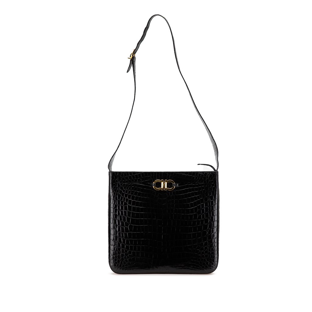 Salvatore Ferragamo Croc Embossed Leather Gancini Crossbody
