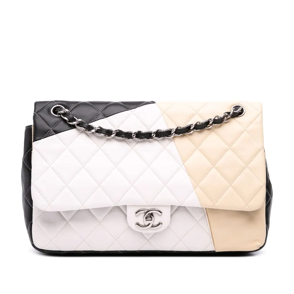 Chanel Jumbo Classic Tricolor Lambskin Colorblock Double Flap Brown Leather Good - Front View