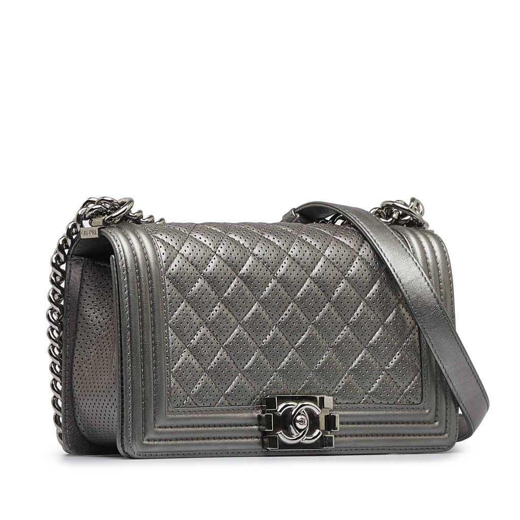 Chanel Old Medium Quilted Perforated Metallic Lambskin Boy Flap - 2