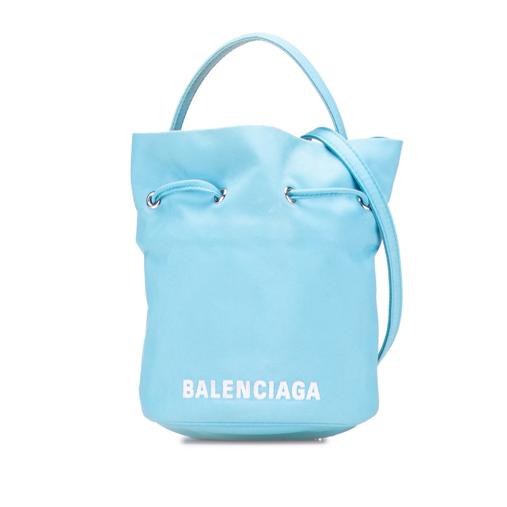 Balenciaga Recycled Sport Nylon Embroidered Logo Wheel Drawstring Bucket Bag