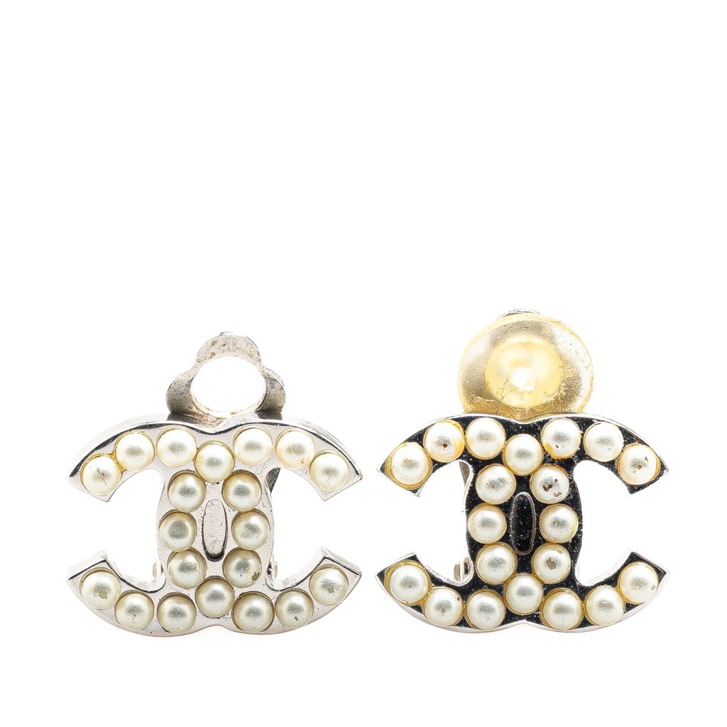 Chanel Silver Plated CC Faux Pearl Clip On Earrings