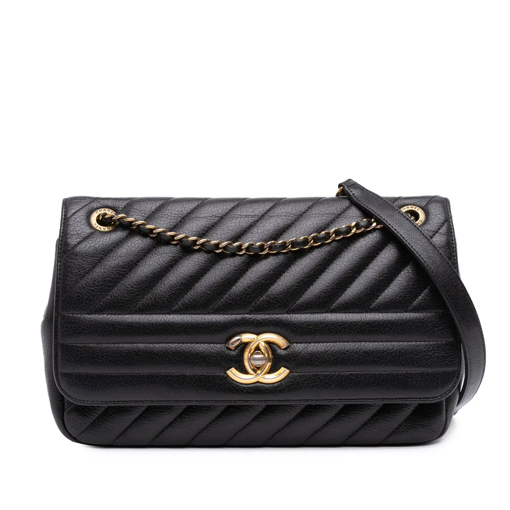 Chanel Medium Diagonal Quilted Goatskin Flap Black Leather Good - Front View
