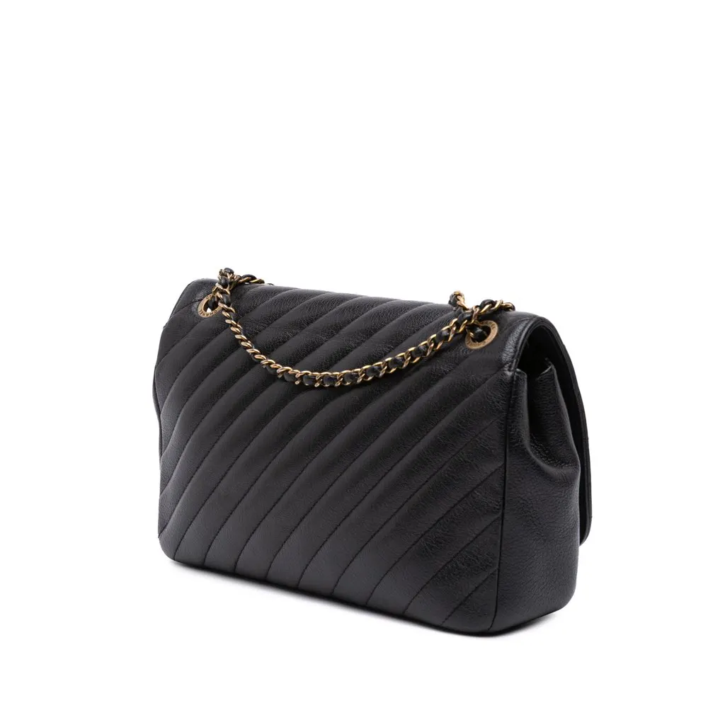 Chanel Medium Diagonal Quilted Goatskin Flap Black Leather Good - Back View