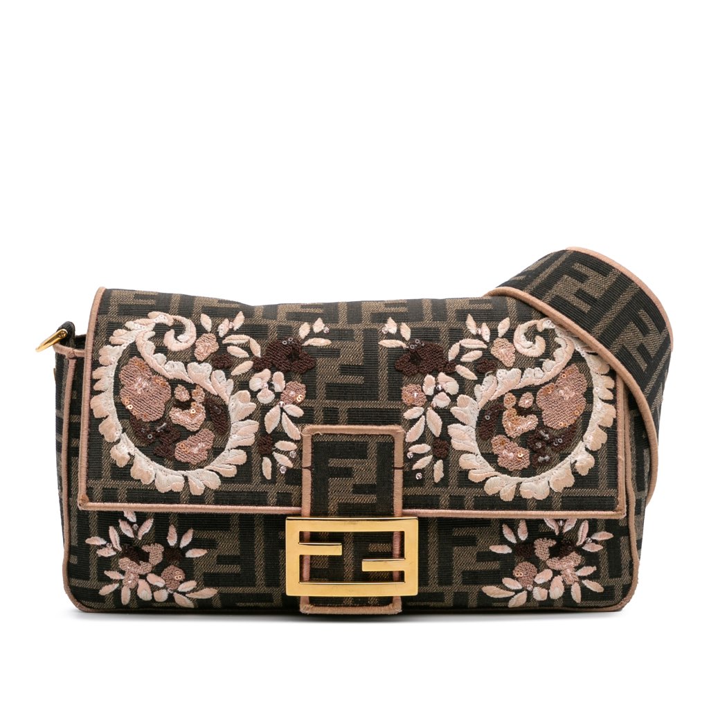 Fendi Zucca Canvas Paisley Embroidery Baguette Satchel
