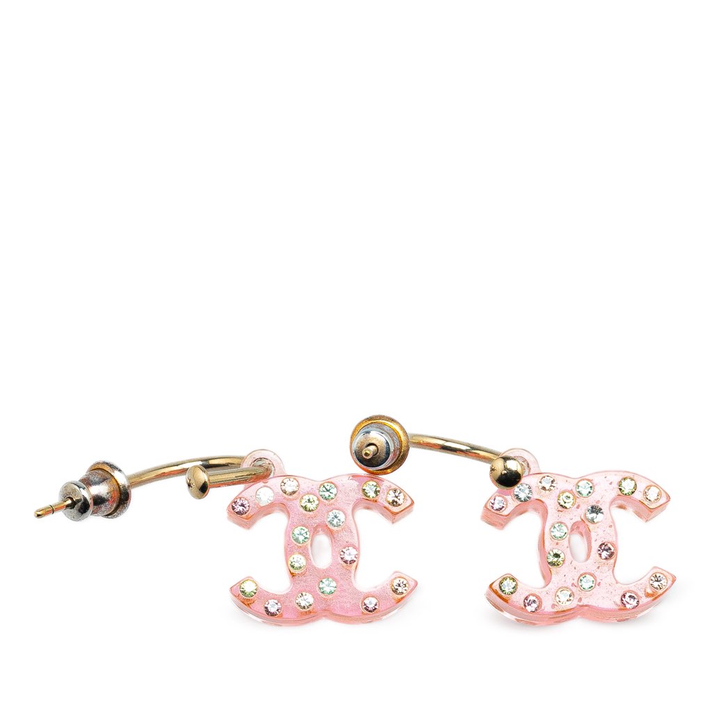 Chanel Gold Plated CC Acrylic Rhinestone Drop Push Back Earrings - 2