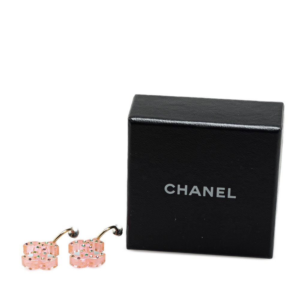 Chanel Gold Plated CC Acrylic Rhinestone Drop Push Back Earrings - 4