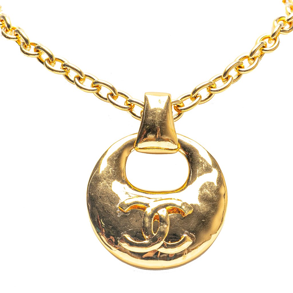 Chanel Gold Plated CC Logo Circle Pendant Necklace