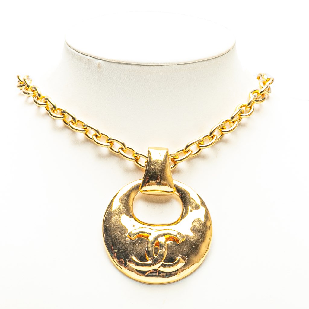 Chanel Gold Plated CC Logo Circle Pendant Necklace - Side view
