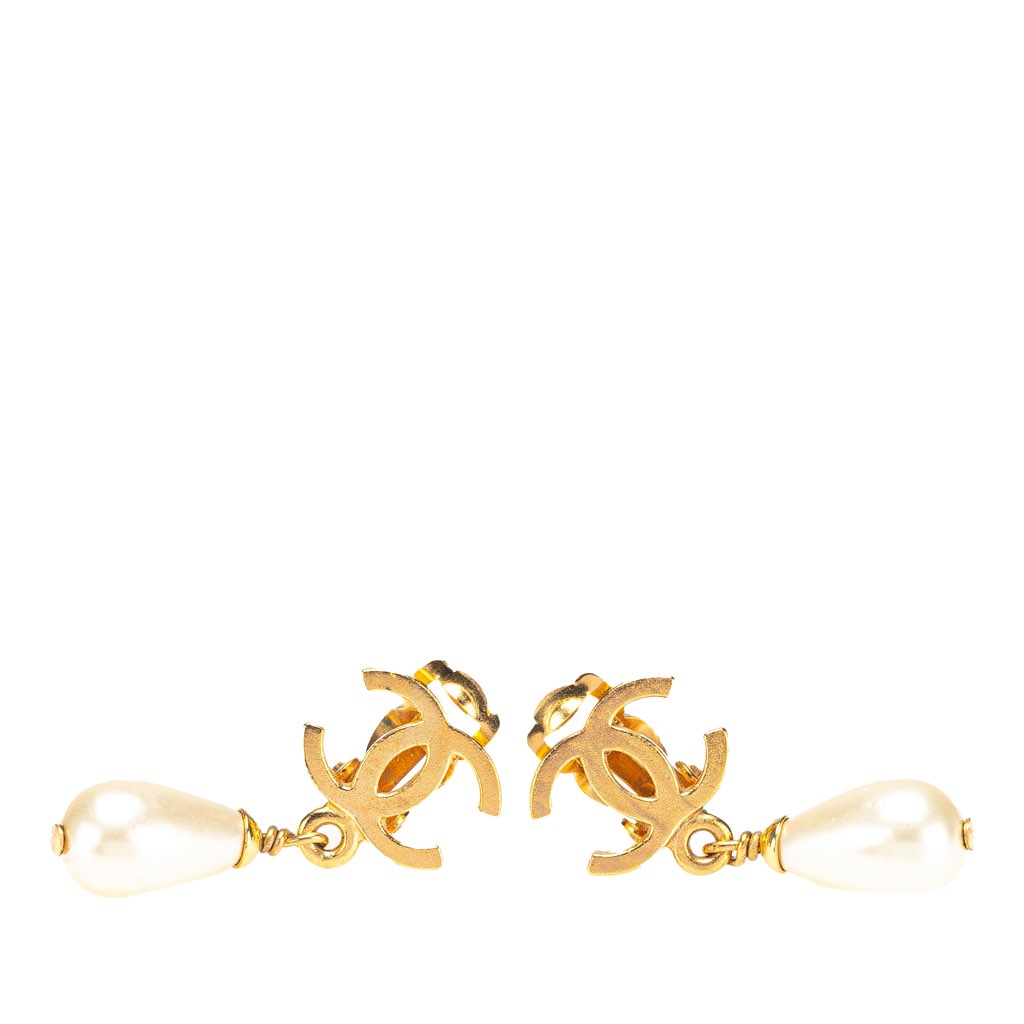 Chanel Gold Plated CC Faux Pearl Drop Clip on Earrings