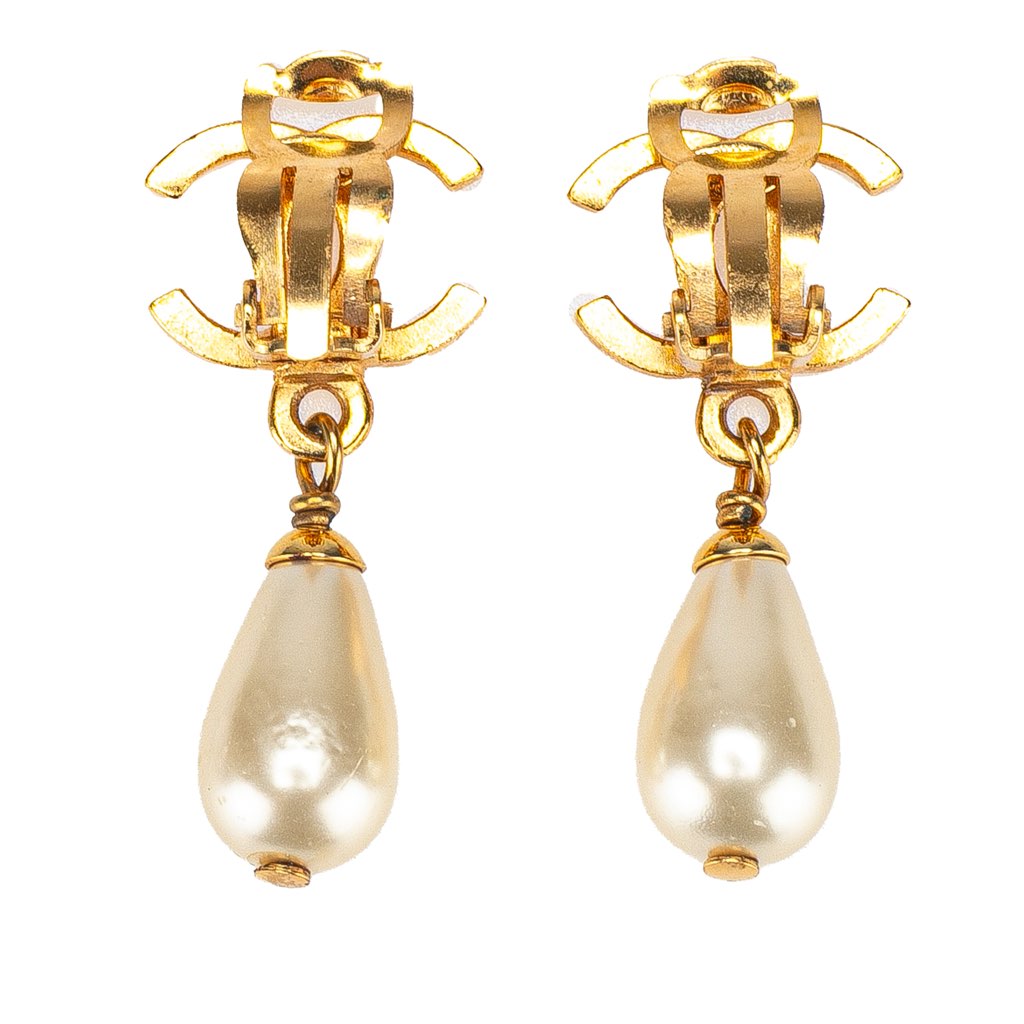 Chanel Gold Plated CC Faux Pearl Drop Clip on Earrings - Back view