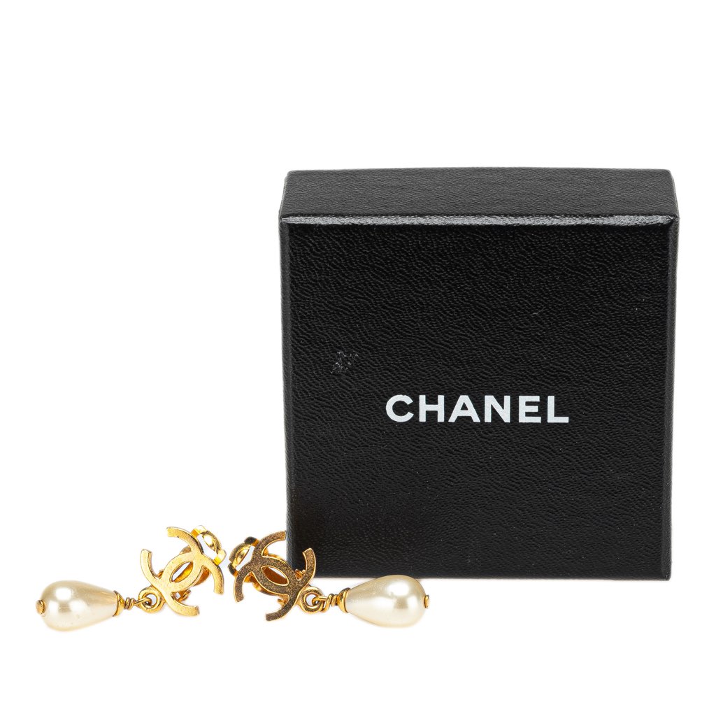 Chanel Gold Plated CC Faux Pearl Drop Clip on Earrings - Image 6
