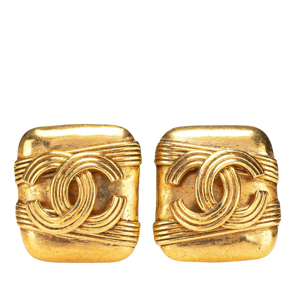 Chanel Gold Plated CC Square Clip On Earrings