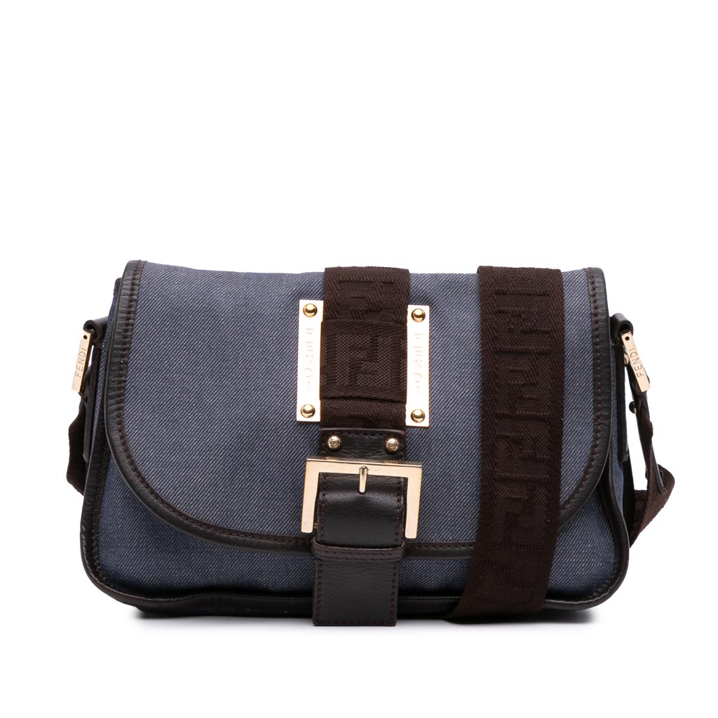 Fendi Zucca Trimmed Denim Buckle Flap Bag