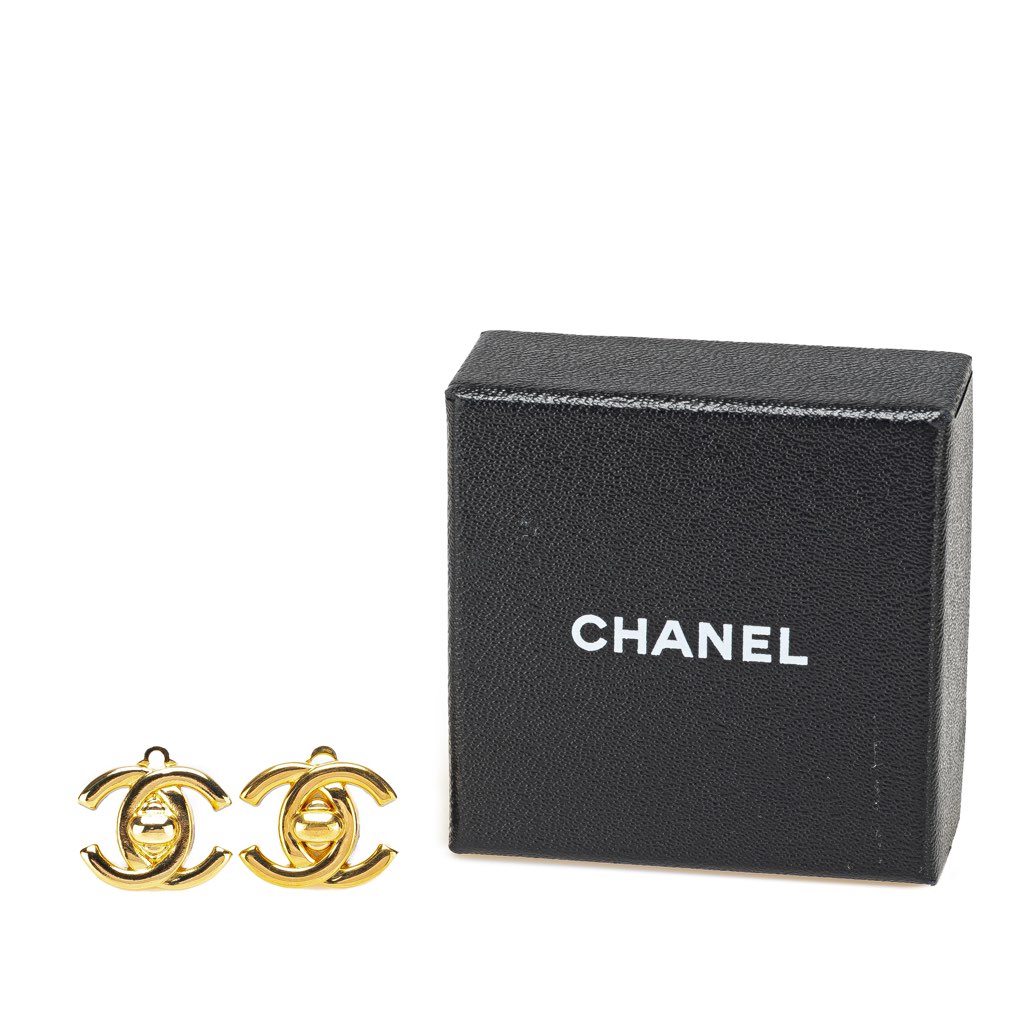 Chanel Gold Plated CC Turn Lock Clip On Earrings - 4